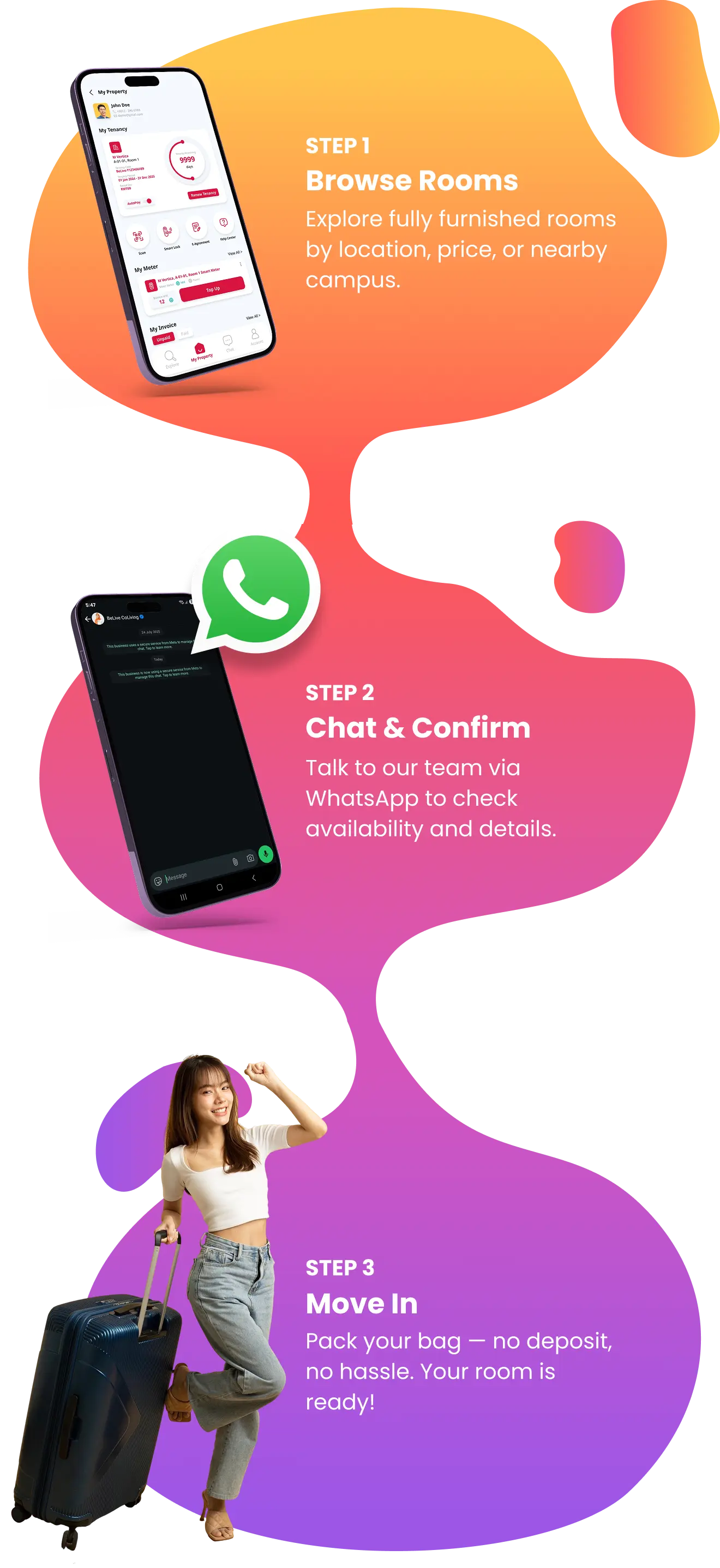 Find a room, book it, live in it — three simple steps